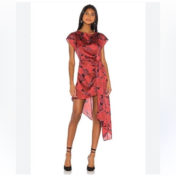 L’Academie Elaina midi dress red Peony rose print draped mini NWT $188 Revolve L - Picture 2 of 11